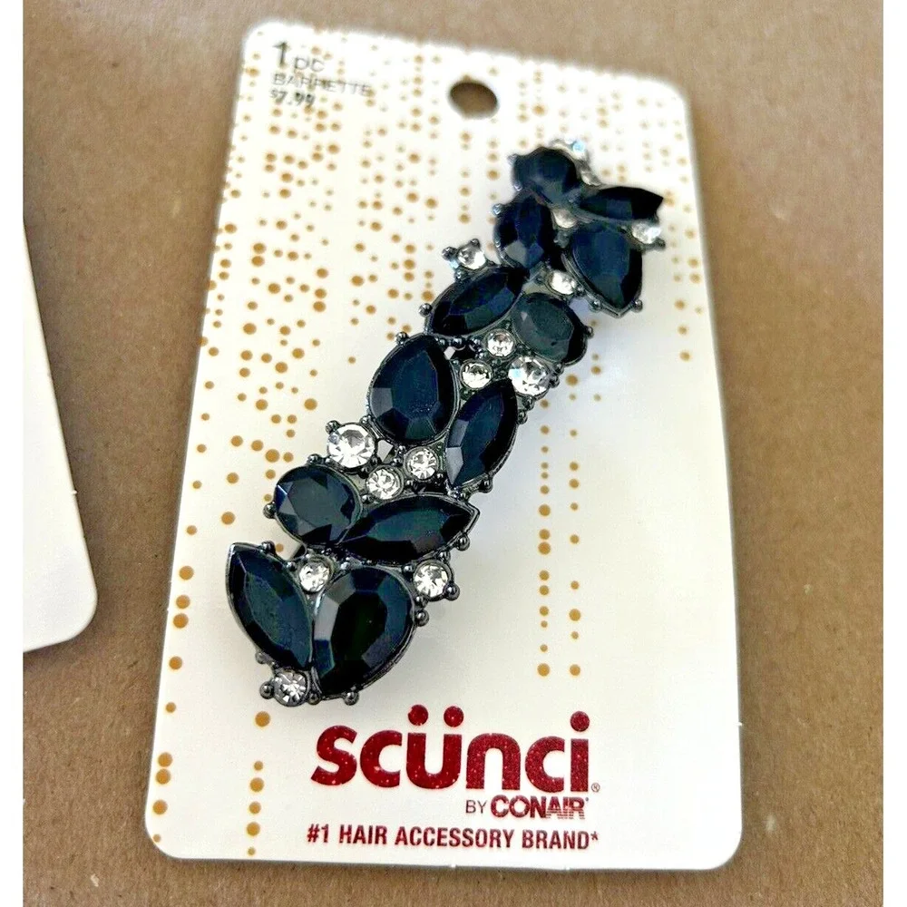 Scunci Barrette Black Silver Bead Rhinetones‎ Formal Hair Clip Lot of 3 New 3.5